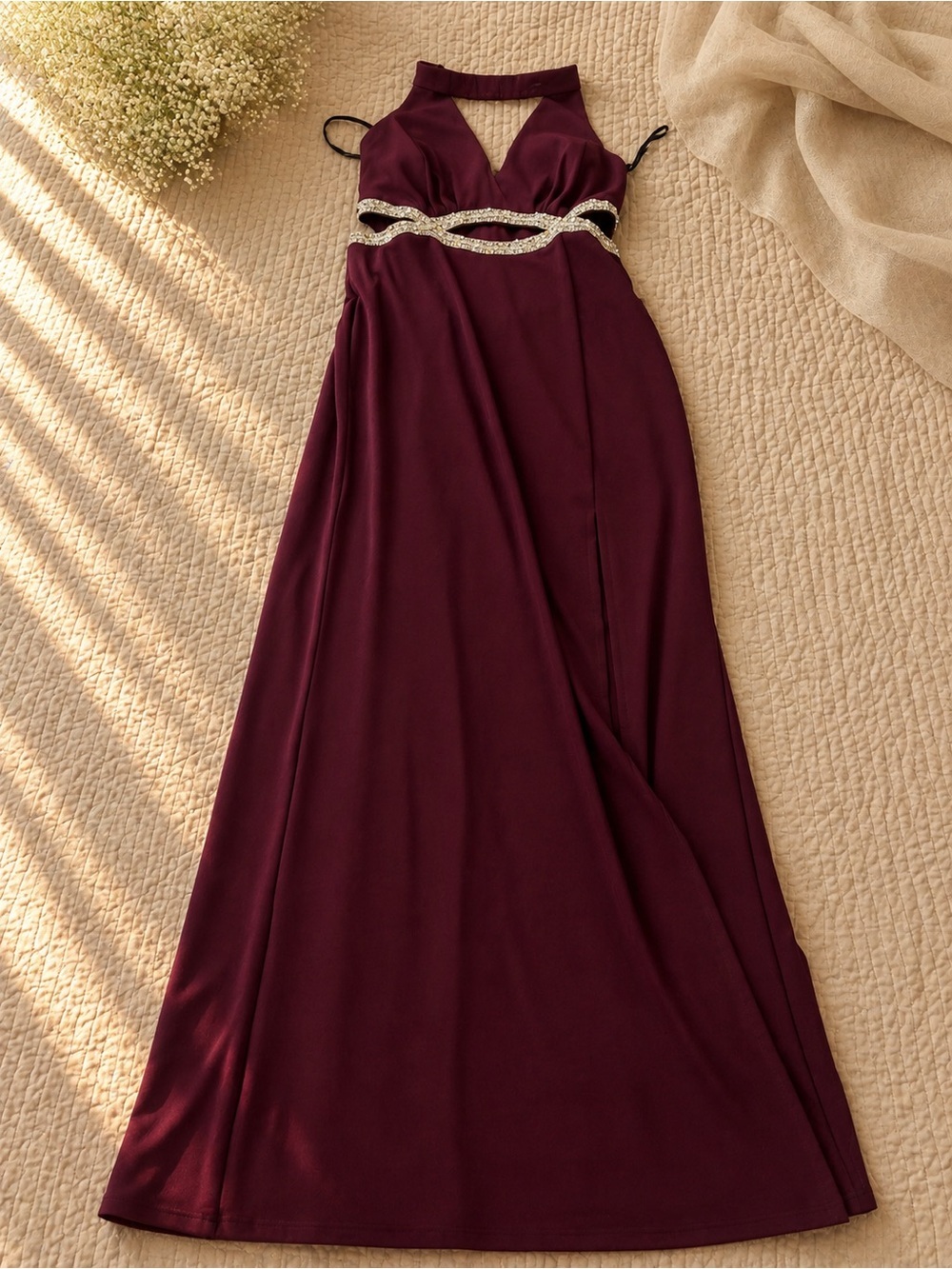 Speechless Burgundy Halter Maxi Dress with Beaded Waist
